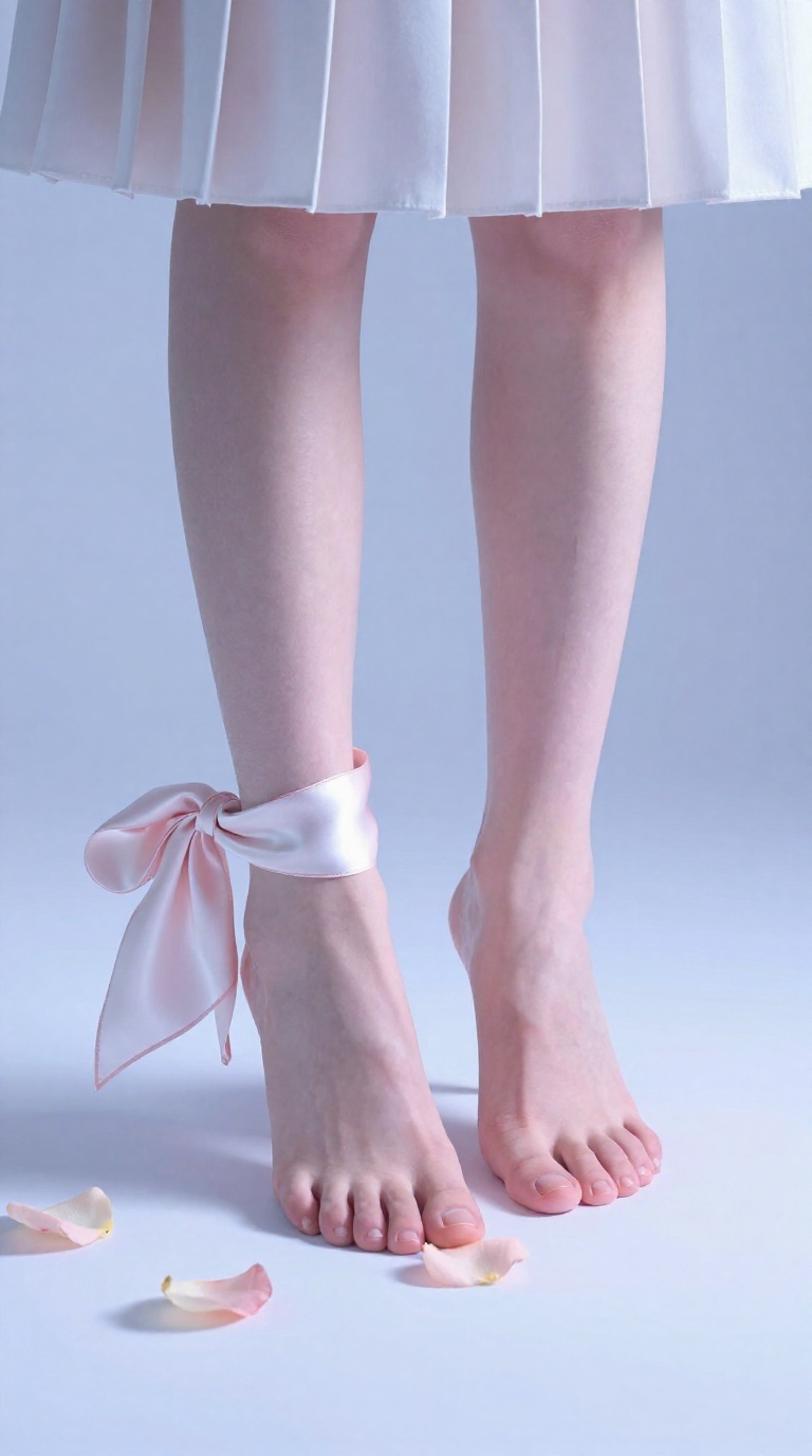 Slender bare feet in neon glow with silk scarf and crushed rose petals on a minimalist cyclorama