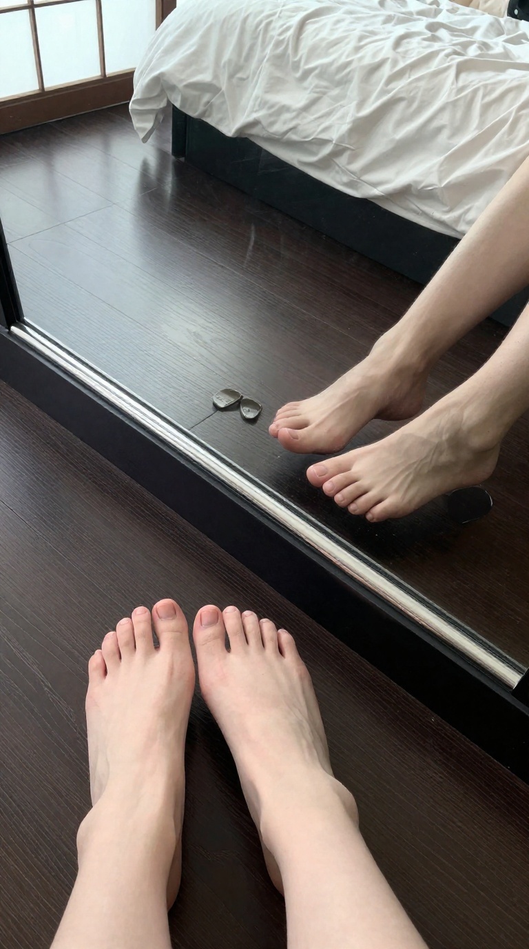 Low-angle mirror reflection of slouch socks near wedges on car sill, damp footprints on wood floor, curled toes on sheets with shoji light