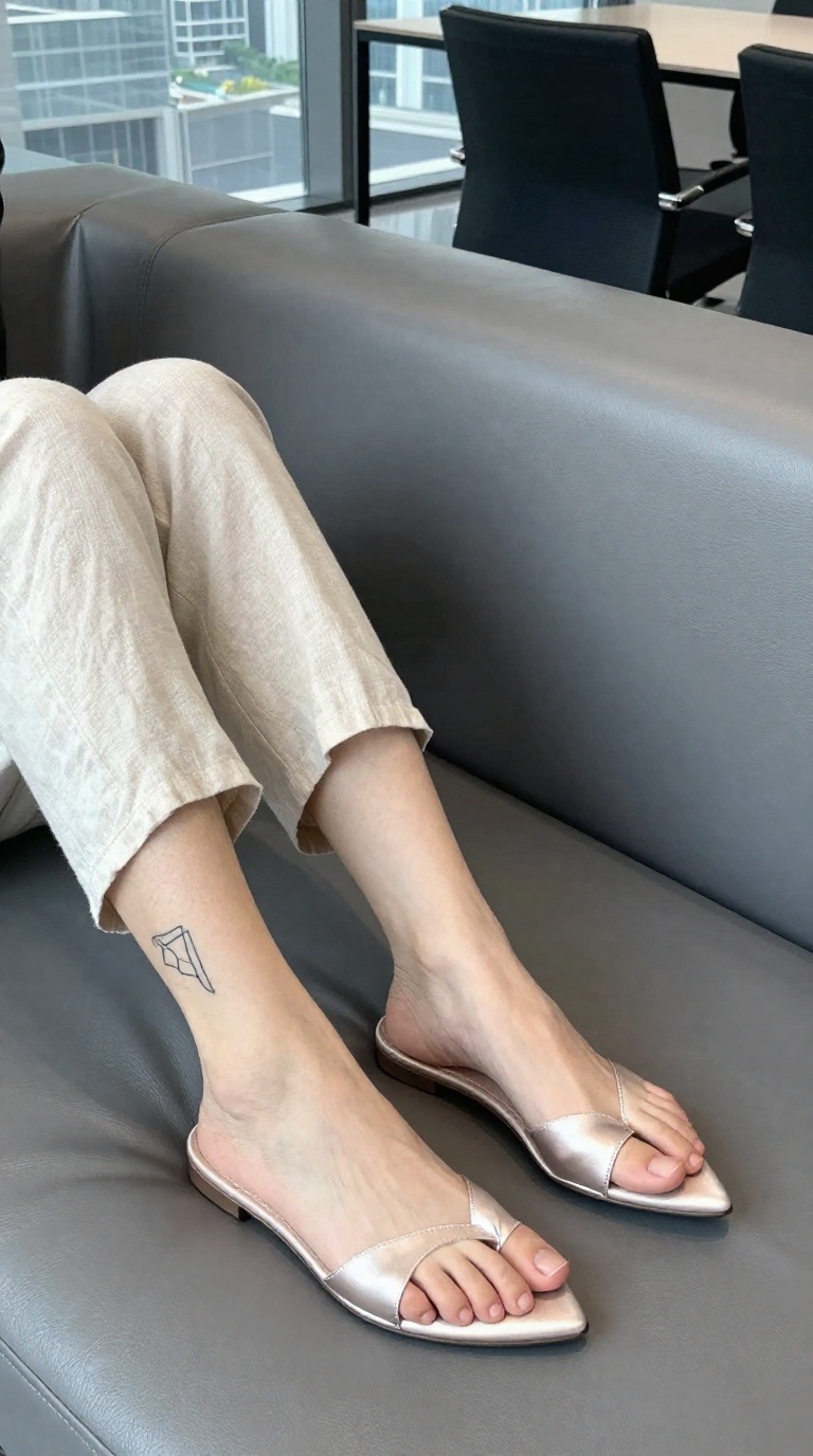 Woman’s feet with satin slides and geometric tattoo, resting on leather sofa in window-lit office break room