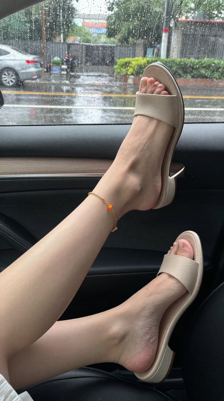 Woman's feet in kitten-heel mules with delicate gold ankle charm, wrinkled soles lit by colored gel light, rainy city reflection outside car window