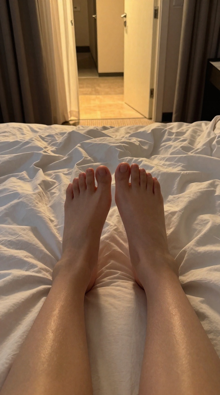 Top-down view of woman's feet on messy sheets with wrinkled soles and curled toes in golden hour light, hotel hallway carpet visible.
