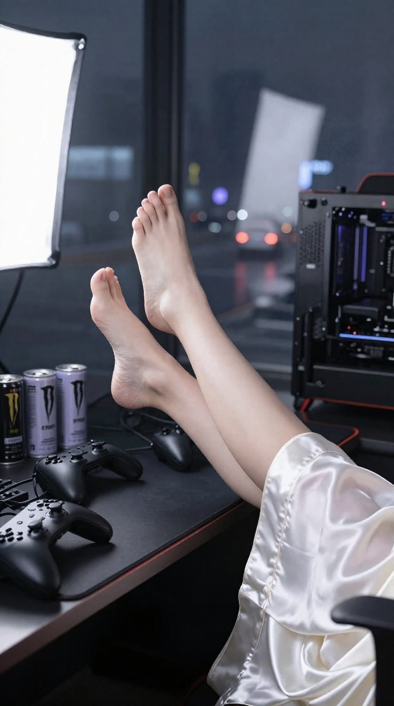 Woman's bare feet with flexing arch on gamer desk, softbox lighting, rain-wet city reflection