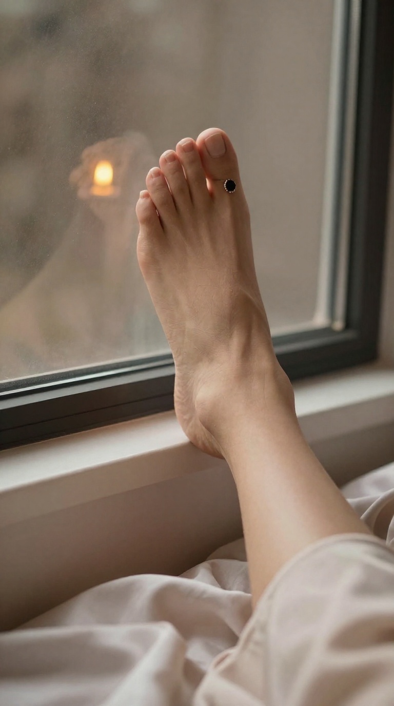 Woman's bare foot with black gemstone toe ring flexed near car window in luxury bedroom with candle flicker highlights and silk sheets