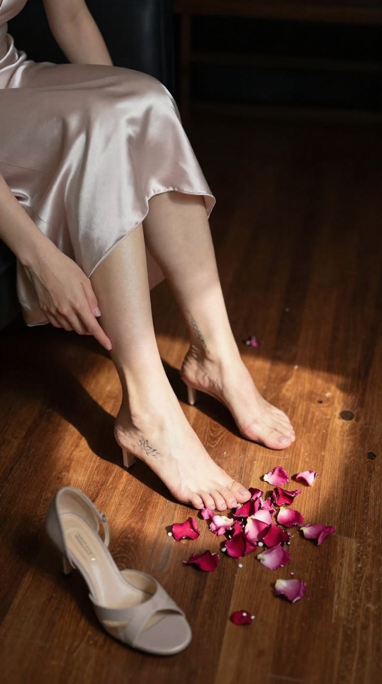 Woman's bare heel crushing rose petals on wooden floor inside sedan with geometric linework tattoo on outer foot under spotlight