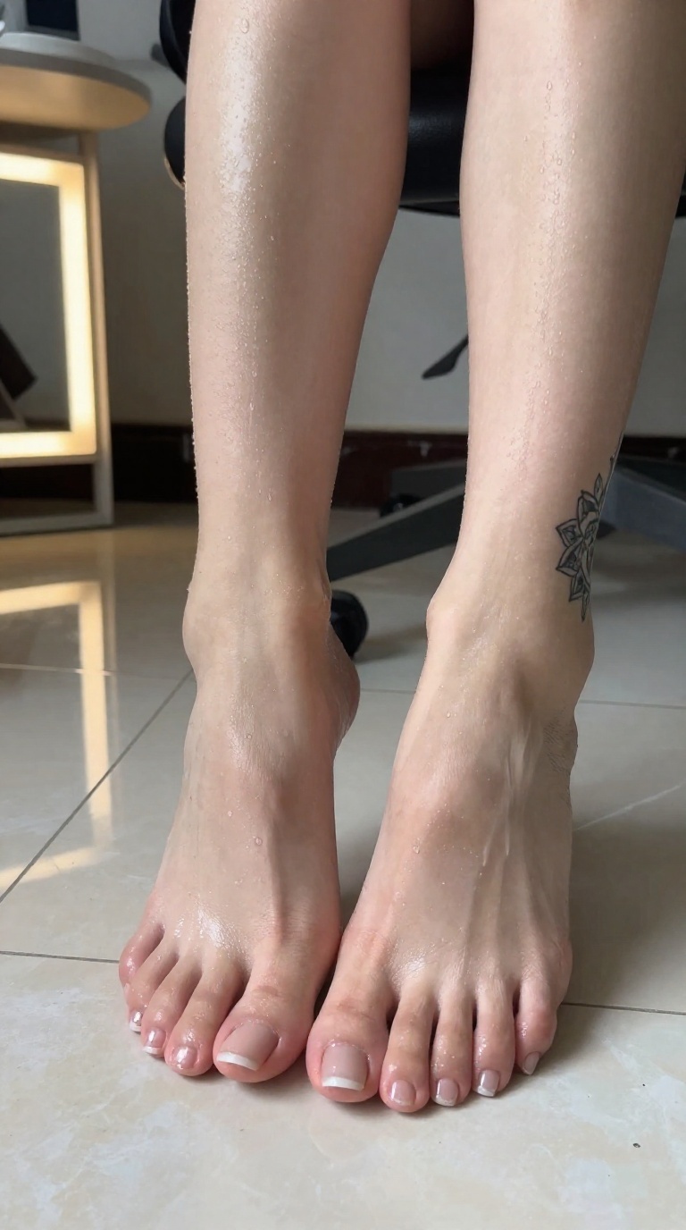Woman's sweaty feet pointed aggressively with mandala tattoo on ankle, reflected in wet tile and vanity mirror light
