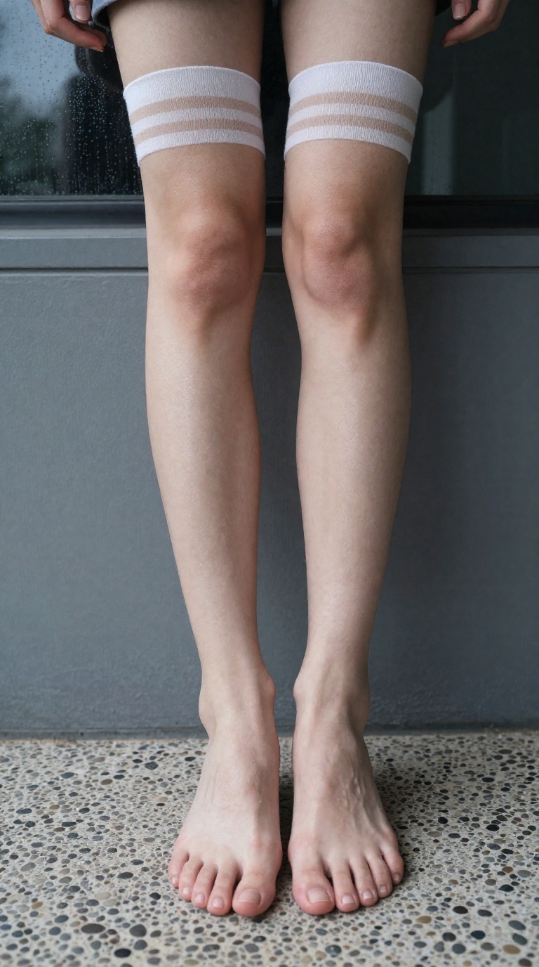 Woman's feet and ankles in striped knee-high socks, sweaty soles on pebbled stone, parked car with condensation, softbox light, high detail.