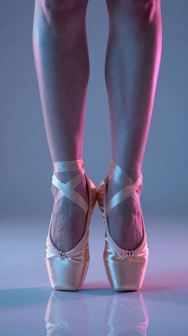 Seamless cyclorama studio shot of feet with charcoal leather, champagne silk, and neon glow reflections