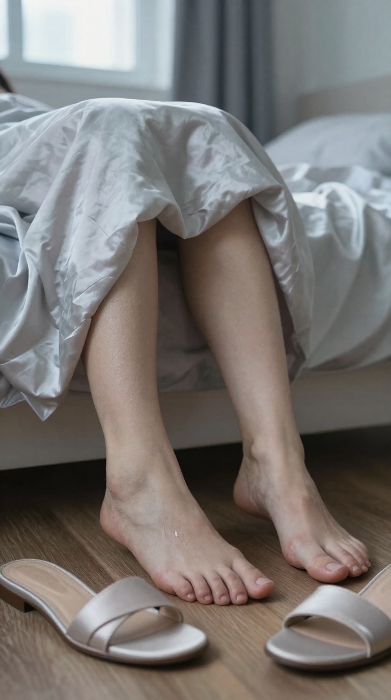 Woman's bare feet with defined tendons curled on messy silk sheets in soft window light