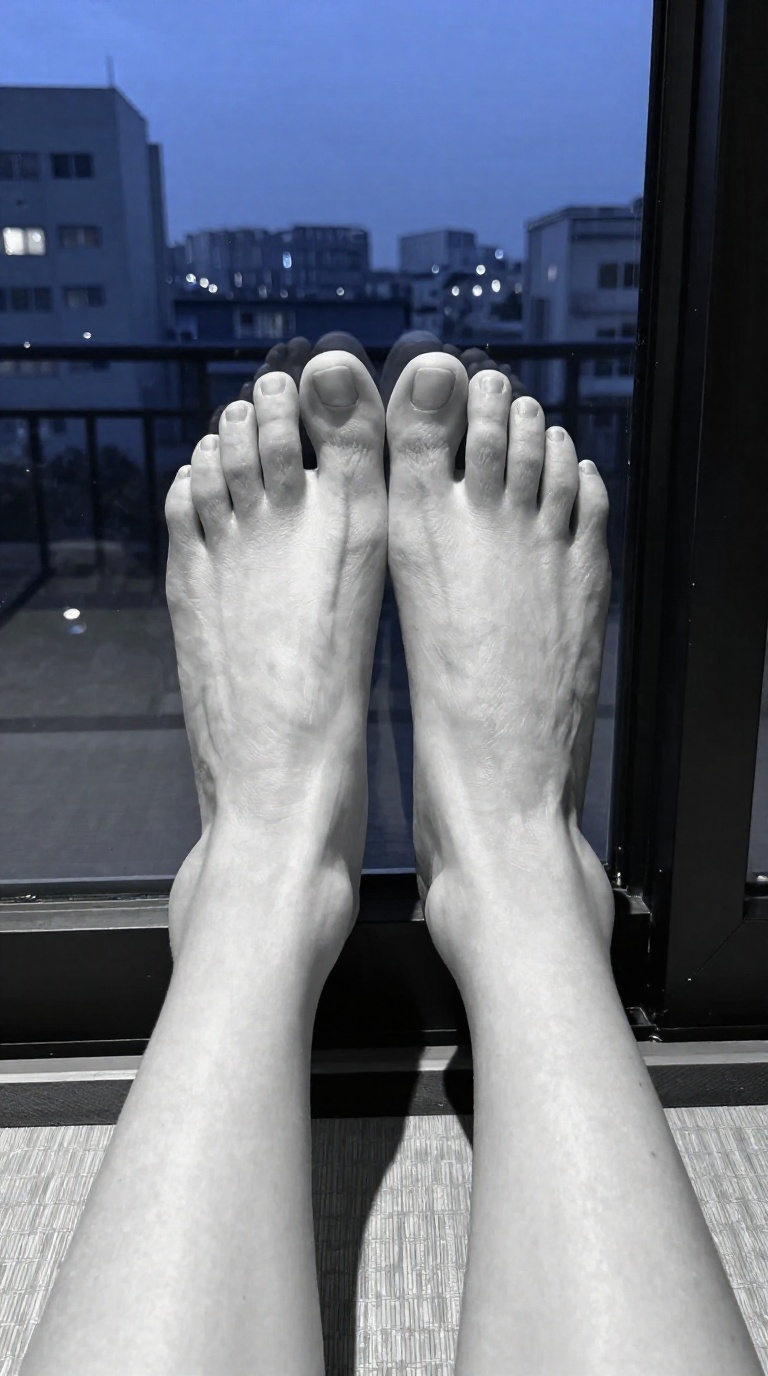 Bare feminine feet with extreme arch flex on cool city window glass in monochrome