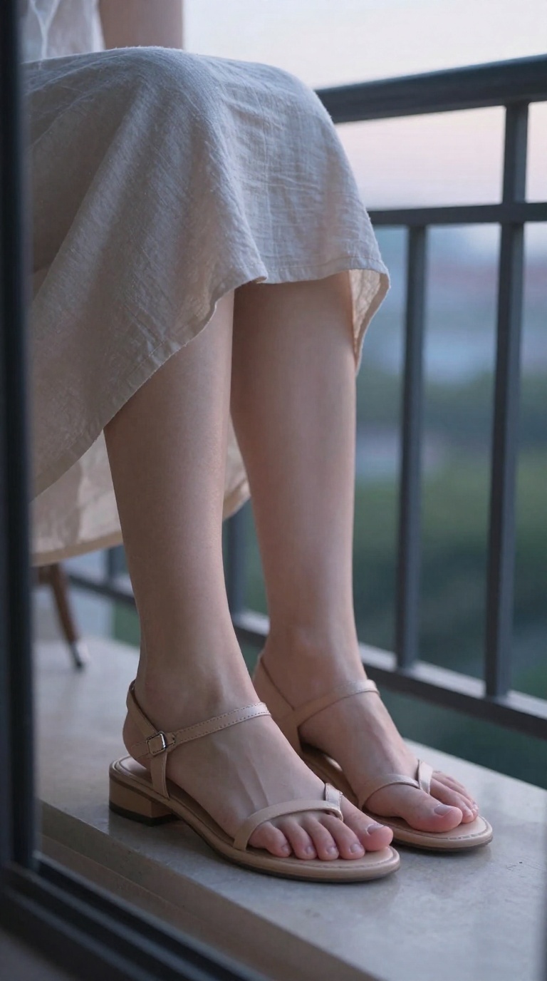 Woman in minimal sandals balancing on tiptoes on a balcony at dusk with soft rim lighting and linen wrap skirt folds