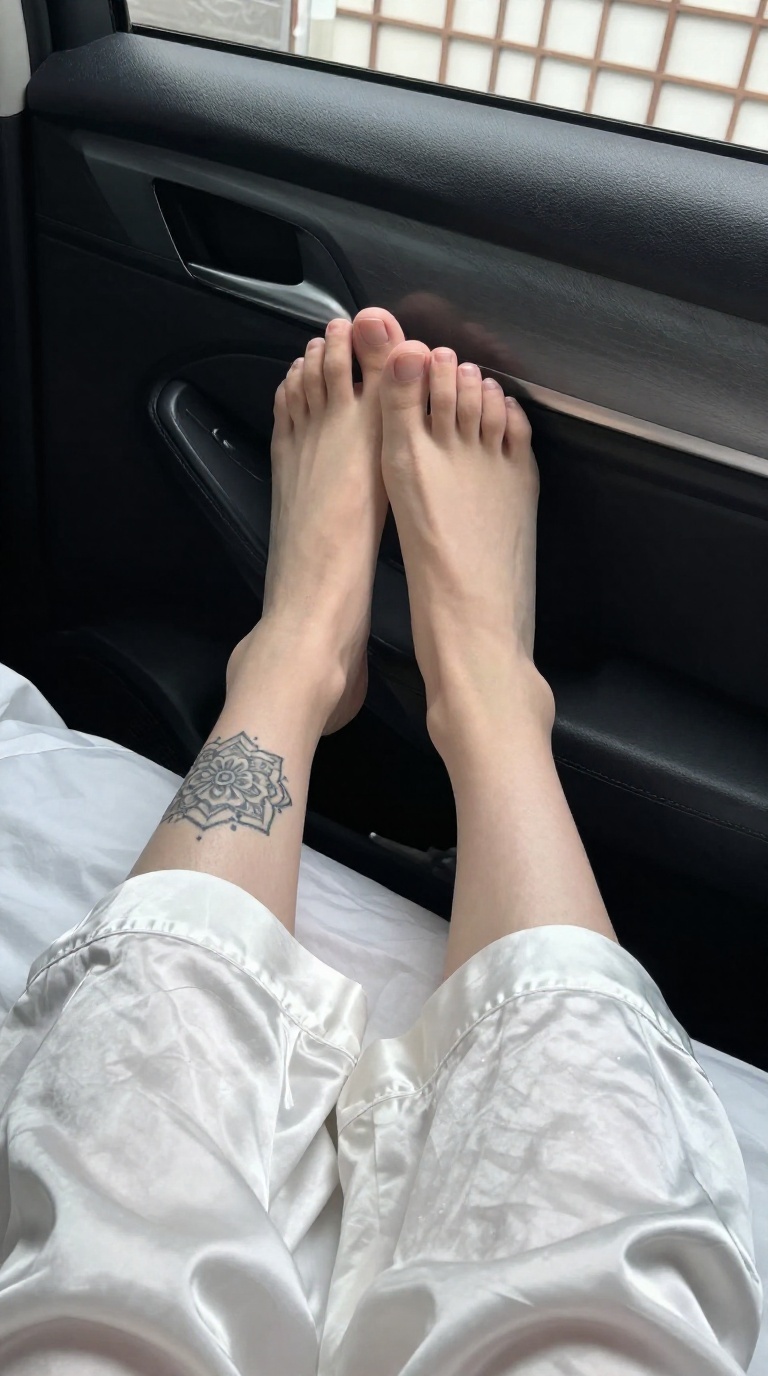 Bare feet with mandala ankle tattoo and curled toes on black leather seat in soft light