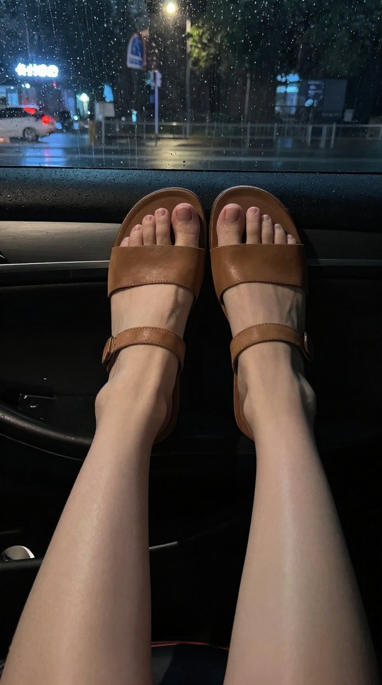 Bare feet in leather slides resting on car armrest with rainy outside