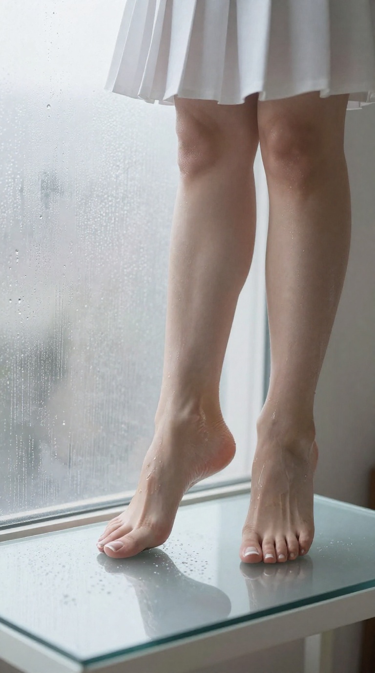 Woman's feet with French tip pedicure pointing aggressively on fogged glass, pleated skirt hem visible, glistening soles in softbox light