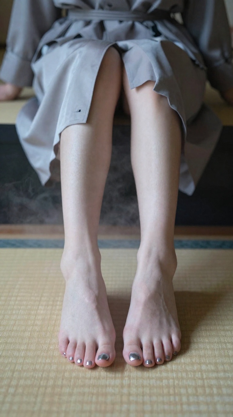 Bare female feet spreading toes wide on tatami mat in a Kyoto-style bathroom, with silk trench coat hem and chrome toes under steam and shadows.