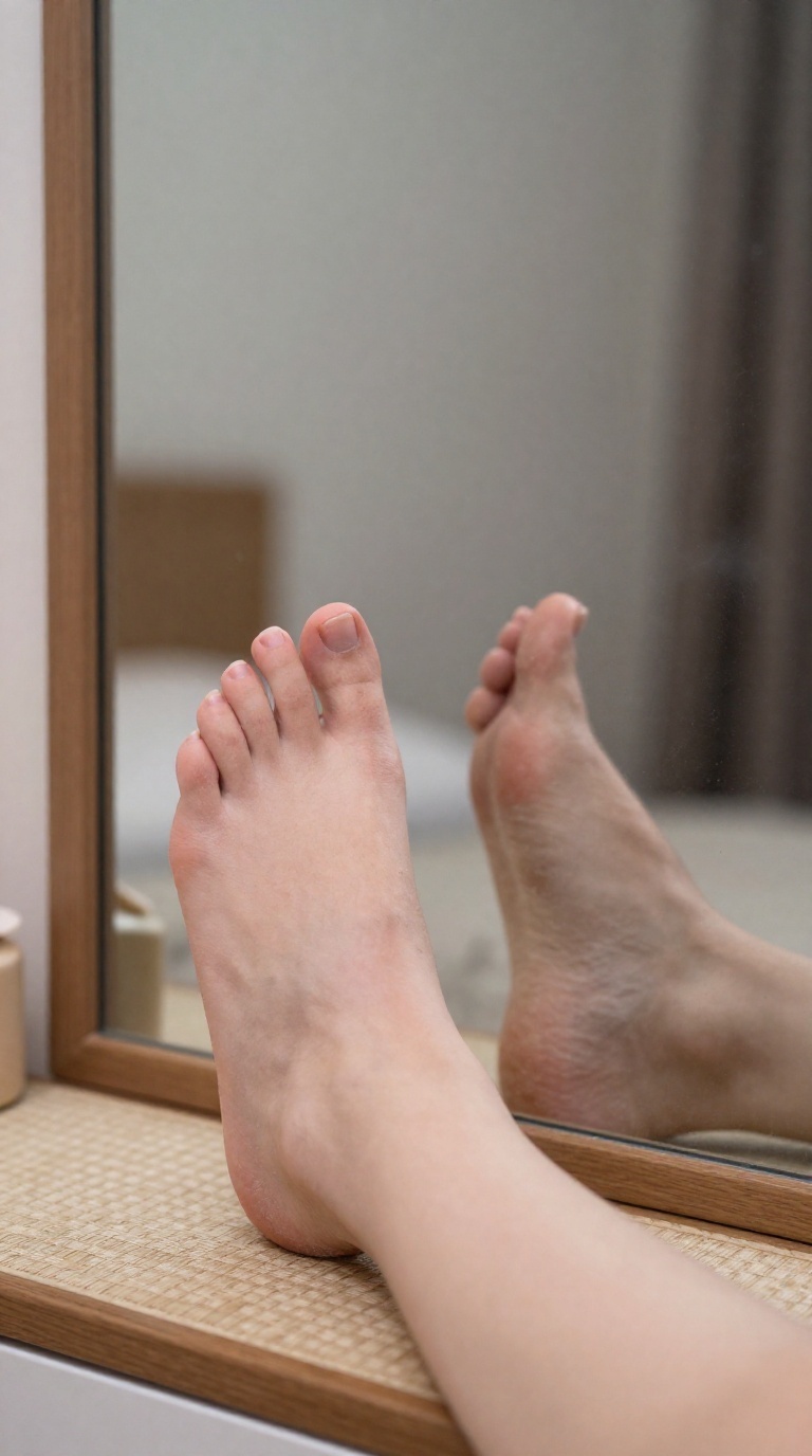 Close side profile of woman pressing flushed dusty soles against steamed bedroom mirror, woven tatami texture visible, streetlight reflections