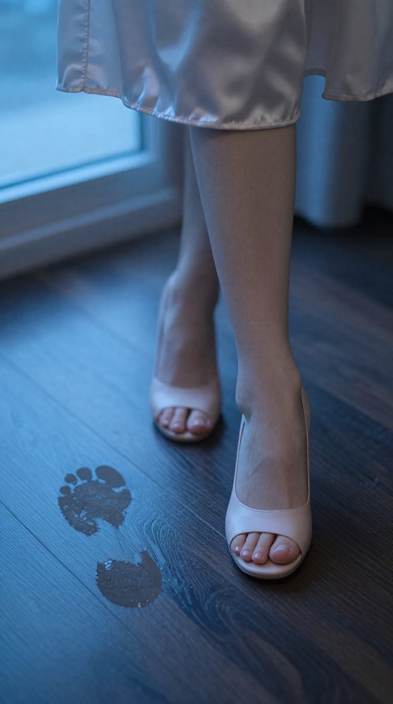 Woman's feet in peep-toe booties with matte nude pedicure, damp footprints on dark wood floor, satin robe edge, cool blue-hour ambient light.