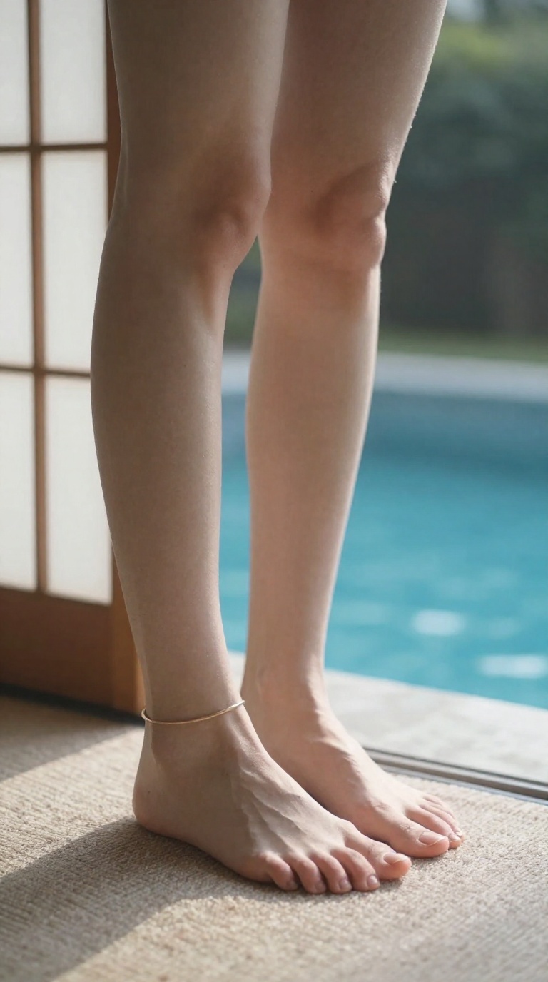 Woman's feet with elegant ankle curve, minimalist ankle bracelet, toes on plush rug, pool side lighting