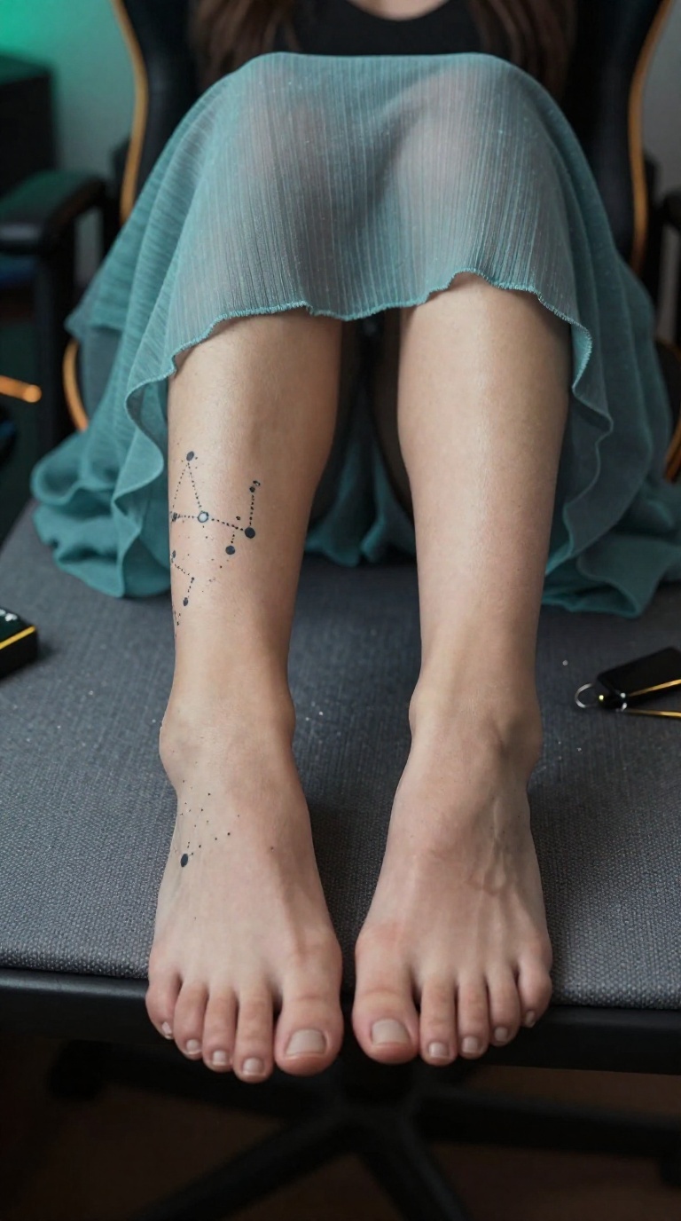 Woman's feet with constellation tattoo and toes gripping mattress in soft overcast light.