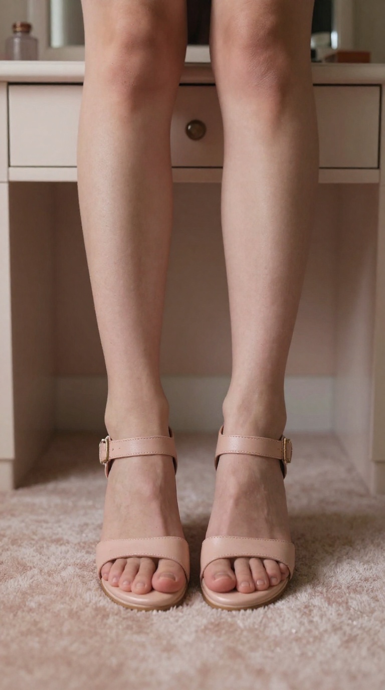 Woman's feet in wedges pressing into plush rug by vanity mirror with pastel tones