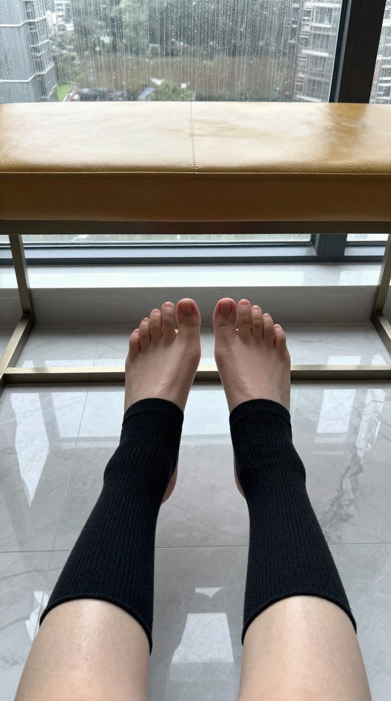 Feet in ribbed socks on glass tabletop in luxury bedroom with rainy daylight