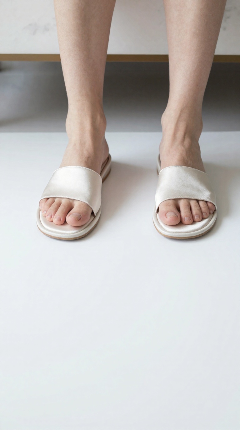 Clean luxury minimalism shot of feet in satin slides, glitter pedicure, and natural skin creases on white seamless paper.