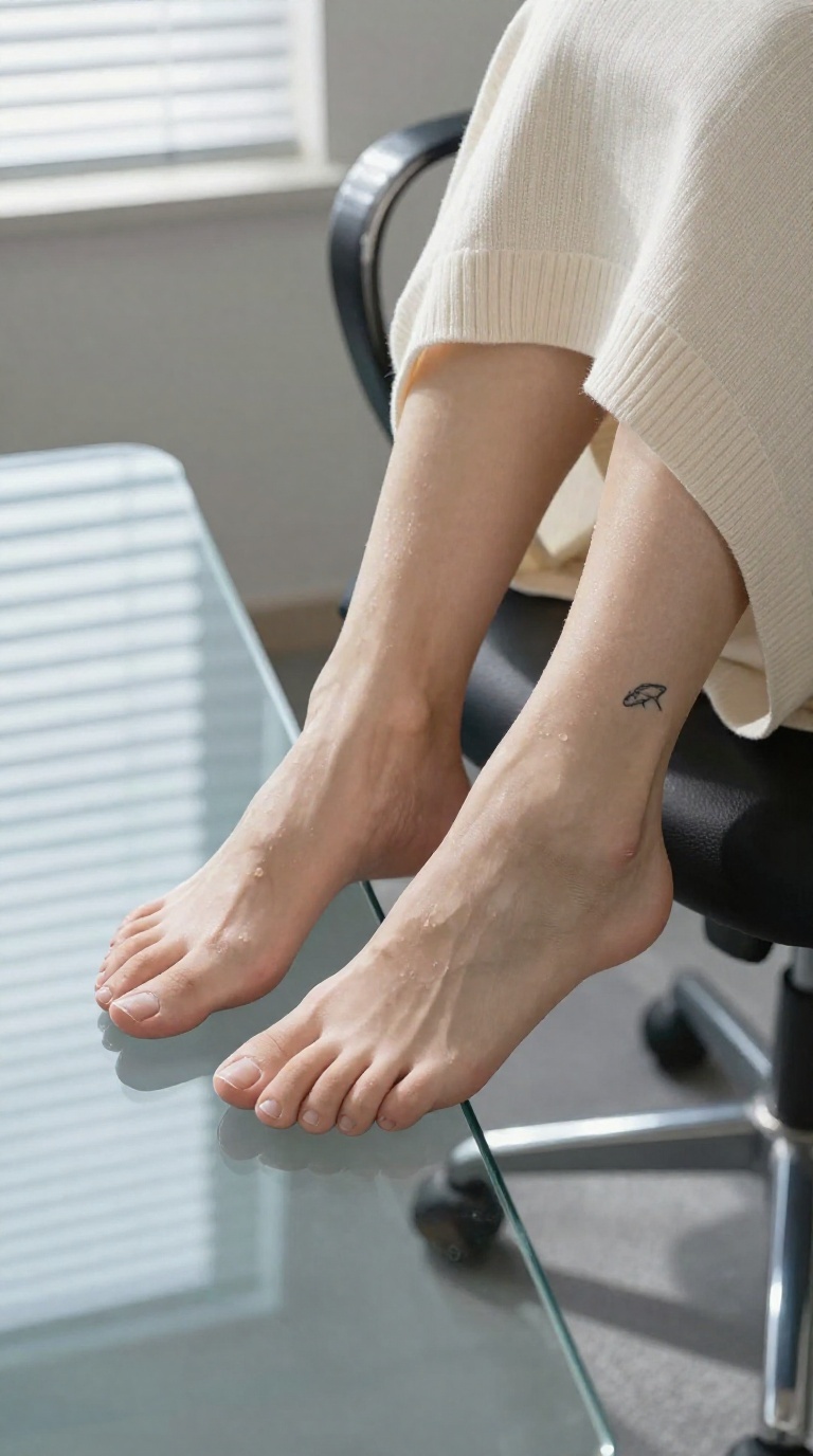 Woman's feet tracing circles on boardroom chair with glass table, ribbed knit fabric and silk kimono edge