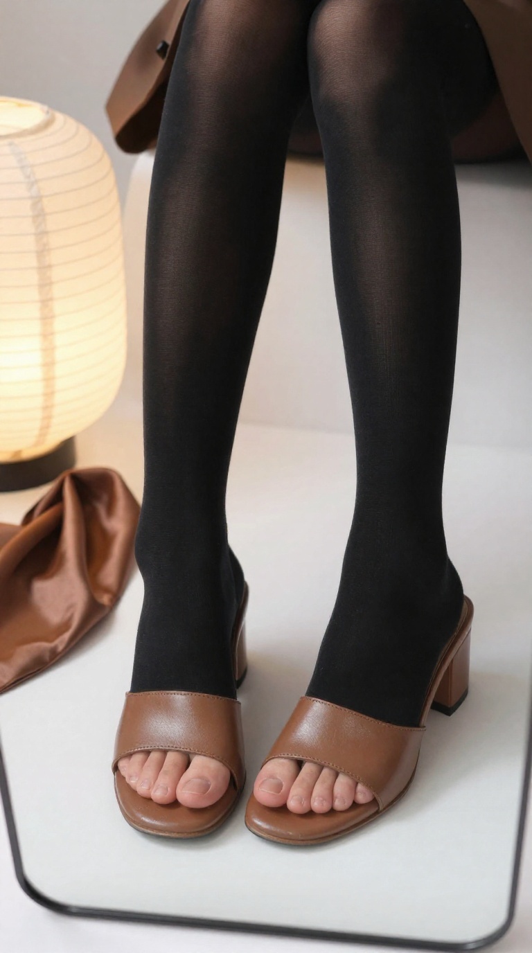 Female feet in open-toe mules with black tights, silk scarf folds, and flexing arch under warm studio lighting