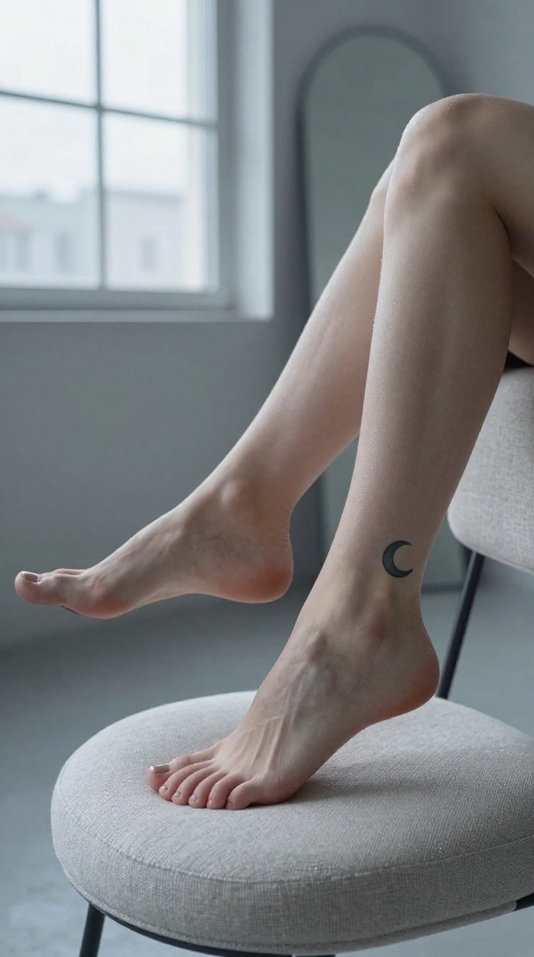 Woman's feet with crescent moon tattoo on linen chair in overcast loft, mirror reflection view