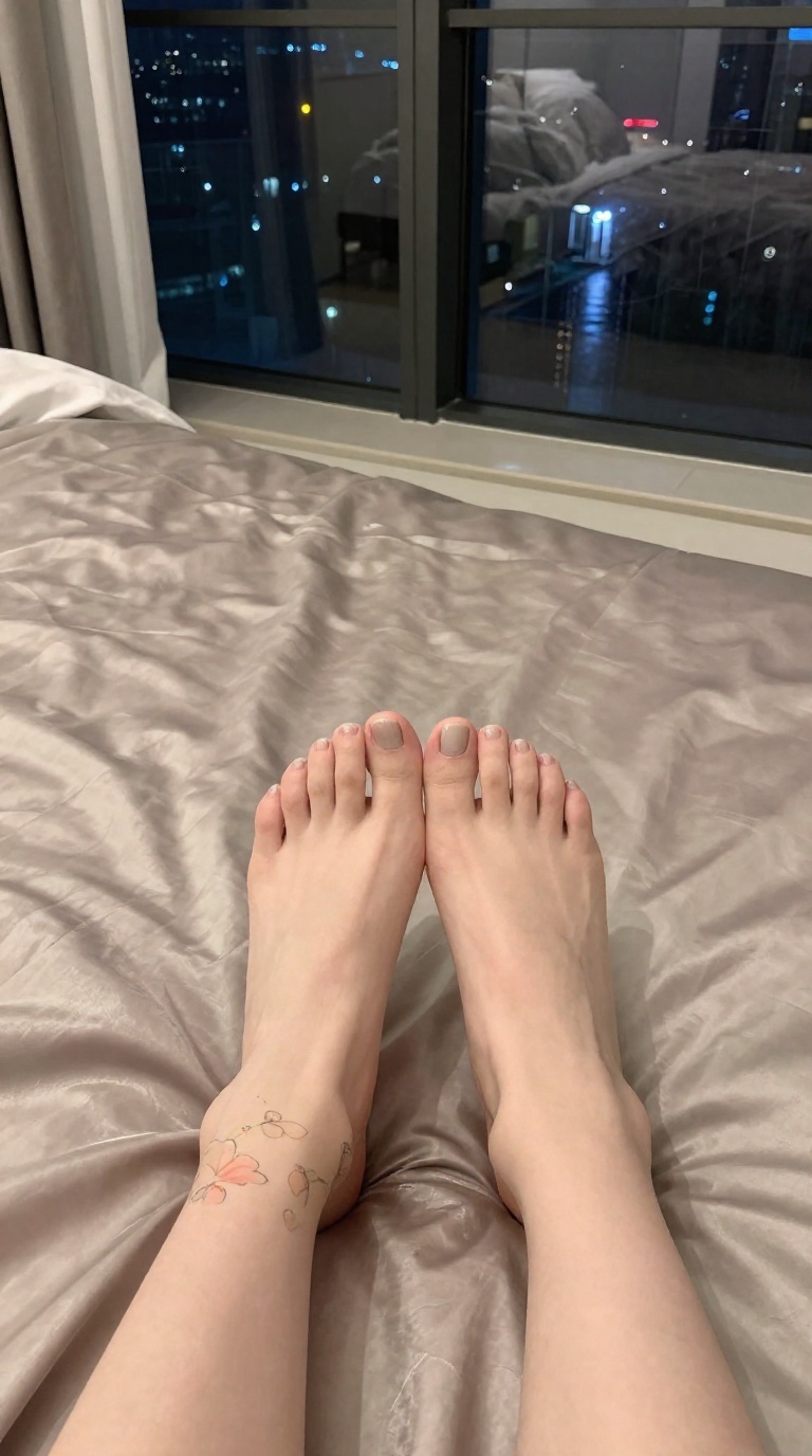 Woman's bare feet with floral ankle tattoo on satin sheets in boutique hotel, night lights and wet tile reflections