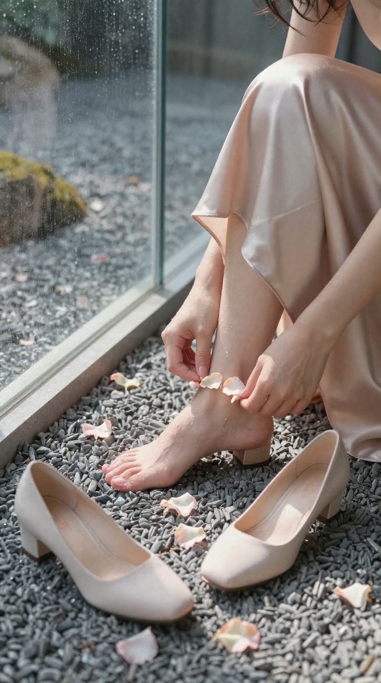 Bare heel crushing rose petals on gravel, delicate toes and arch visible, champagne satin skirt and rain on glass shadows.