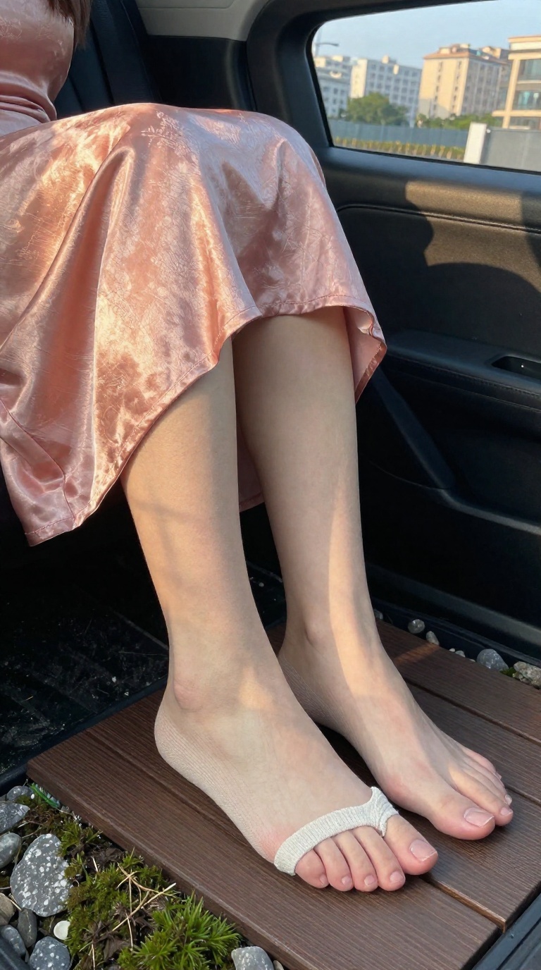 Foot with flexed arch, socks half-off, rose-gold highlights, wooden engawa, pebbled spa stone, golden hour light in a car seat