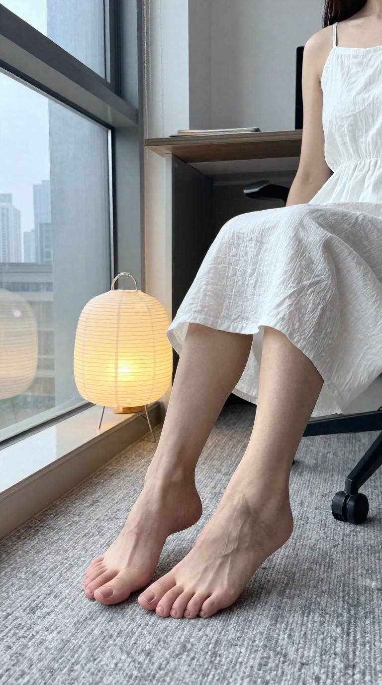 Woman's bare feet on rug, paper lantern glow, cool window glass against soles, white linen sundress hem, carpeted floor under desk.
