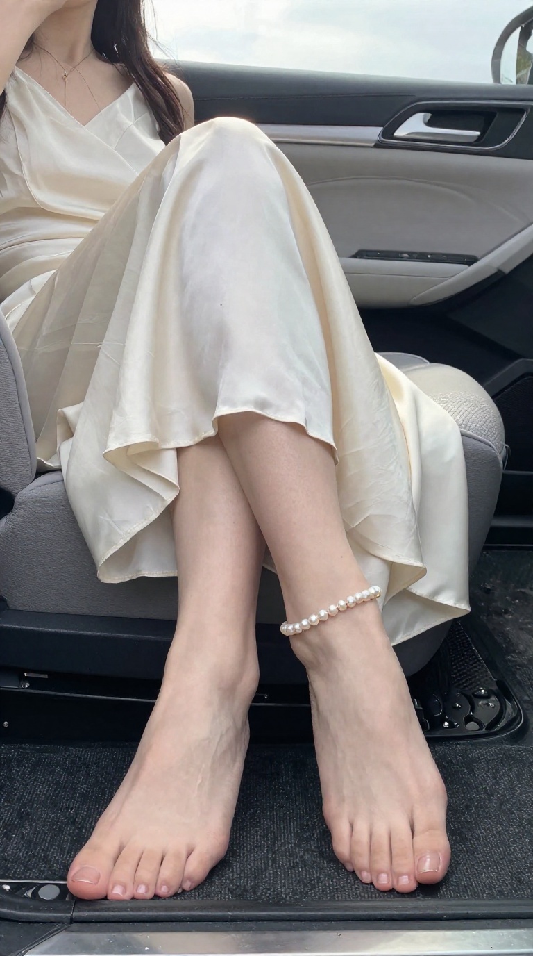 Close-up of elegant feet with high arches wearing a pearl anklet, draped in cream silk against a luxury car interior.