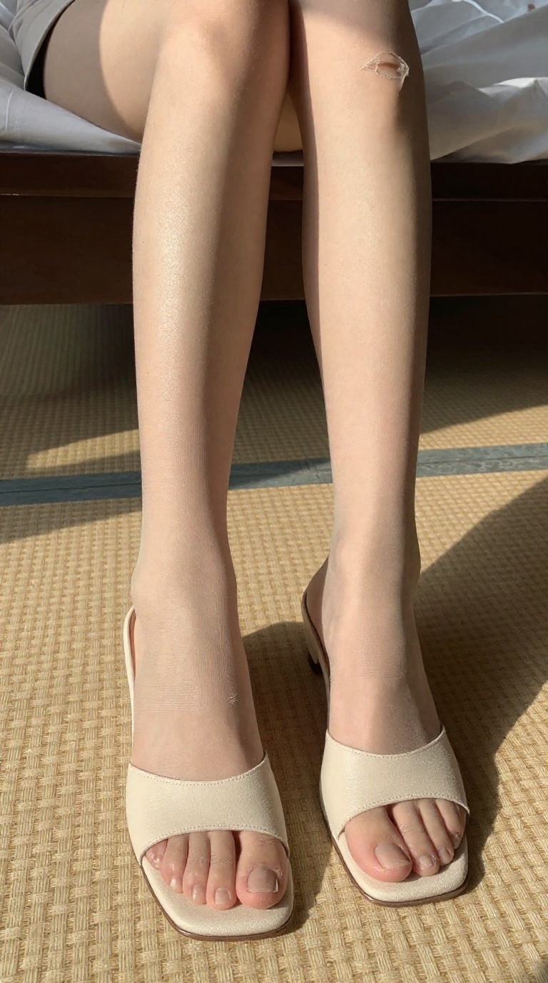 Close-up of elegant feet in sheer hosiery and open-toe mules resting on a textured tatami mat in a sunlit hotel suite.