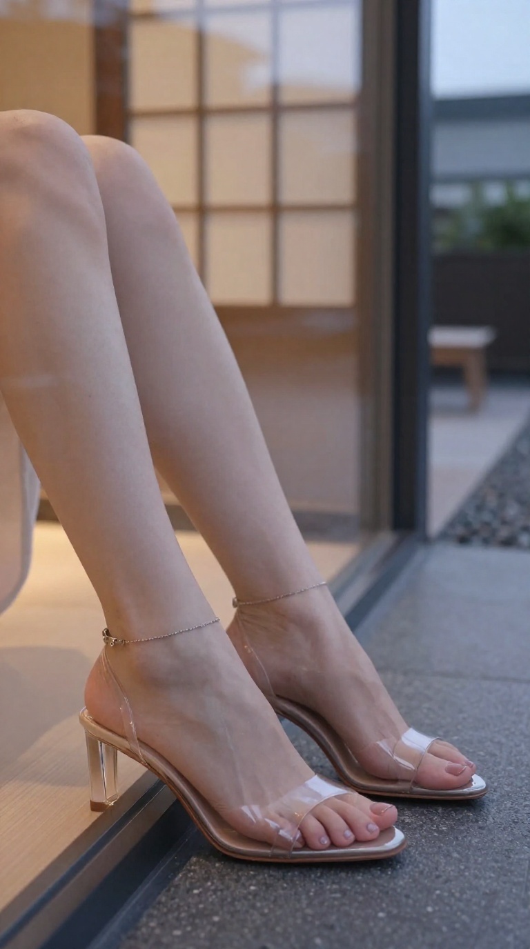 Close-up of elegant feet in clear high heels with thin chain anklets against a sunset window reflection.