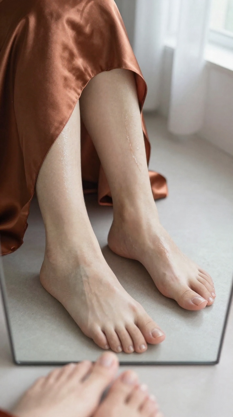 Refined close-up of feminine feet on a minimalist table, featuring champagne satin folds and soft window light.