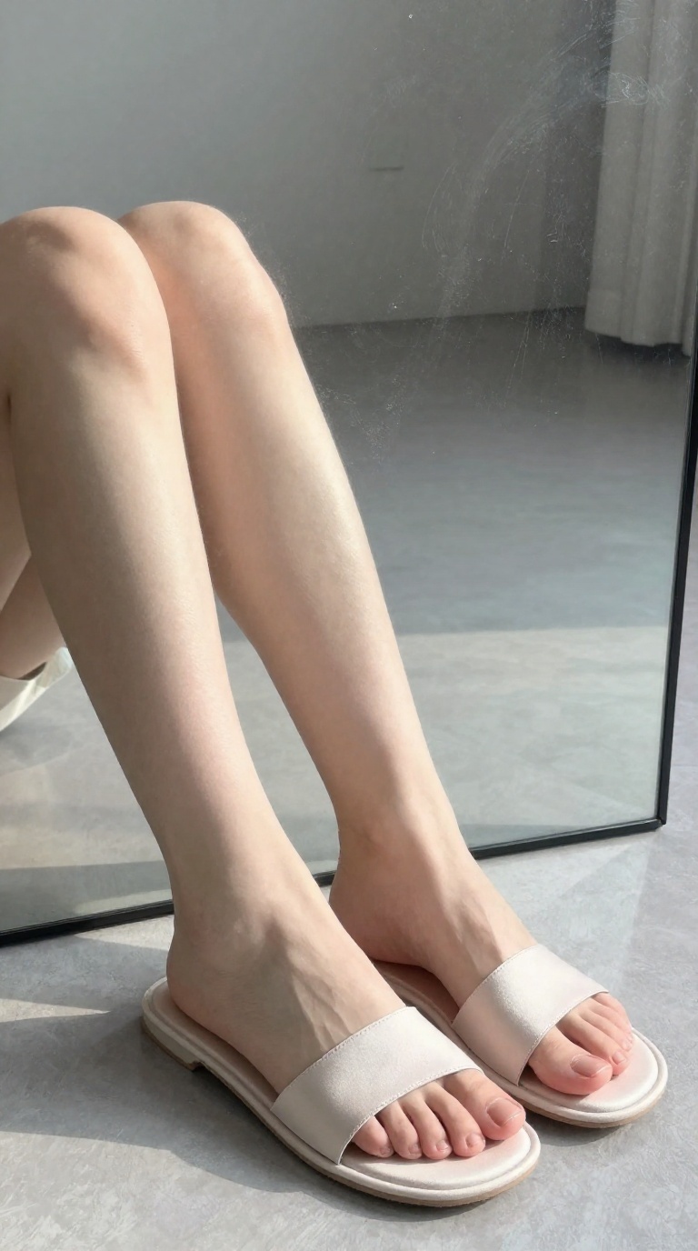 Close-up of elegant feminine feet in satin slides pressing against a misty mirror in a sun-drenched studio loft.