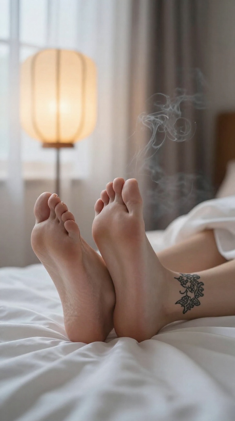 Close-up of elegant female feet with a lace ankle tattoo resting on white satin sheets in warm lighting.