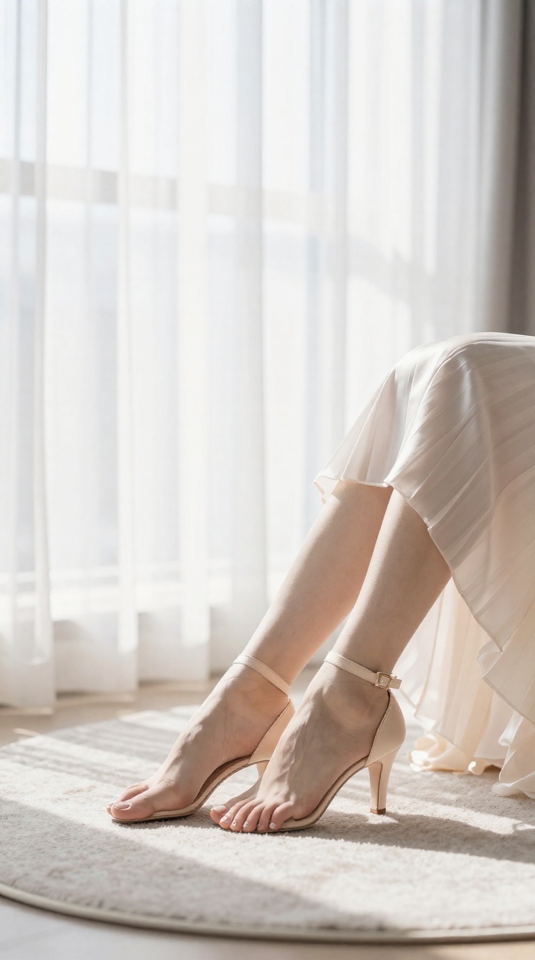 Elegant woman in pleated dress wearing ankle strap heels, pointing toes gracefully near a window with soft daylight.