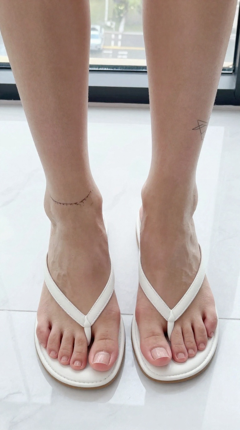 Close-up of a woman's feet in white thong sandals spreading toes gracefully on white marble with a geometric tattoo.