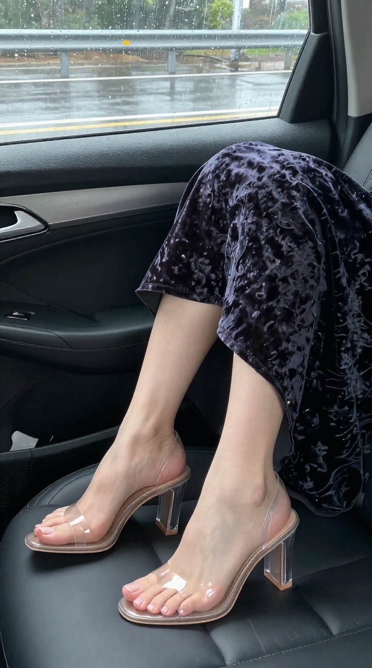 Close-up of elegant feet in clear high heels under a crushed velvet skirt, captured in soft overcast lighting.