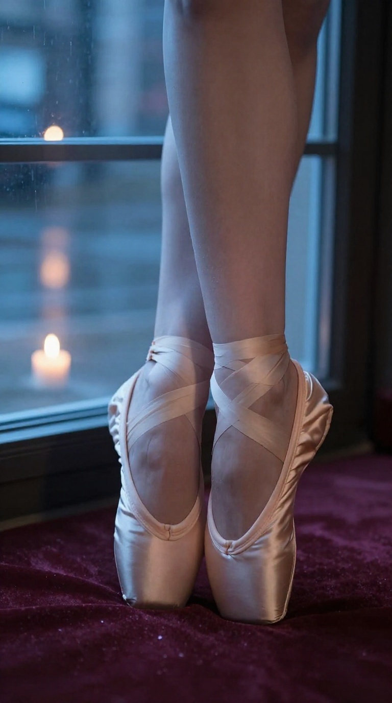 Close-up of feminine feet in a ballet point pose against burgundy Alcantara fabric with warm candlelight reflections.