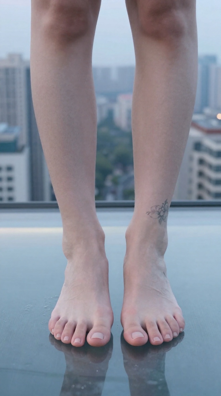 Close-up of elegant feet pressing against a glass rooftop floor with a delicate instep tattoo and city skyline bokeh.