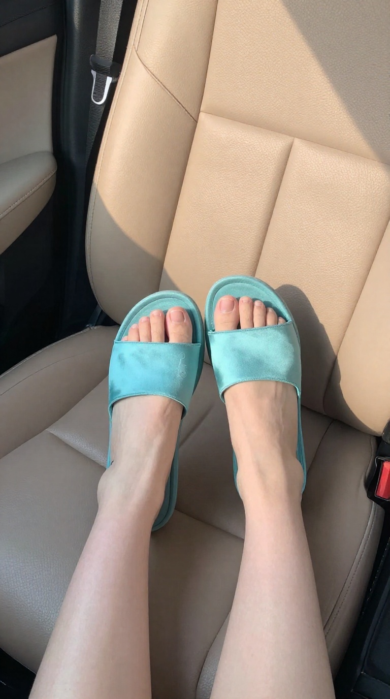 Top-down view of elegant feet in seafoam satin slides resting on leather car upholstery with a subtle ankle tattoo.