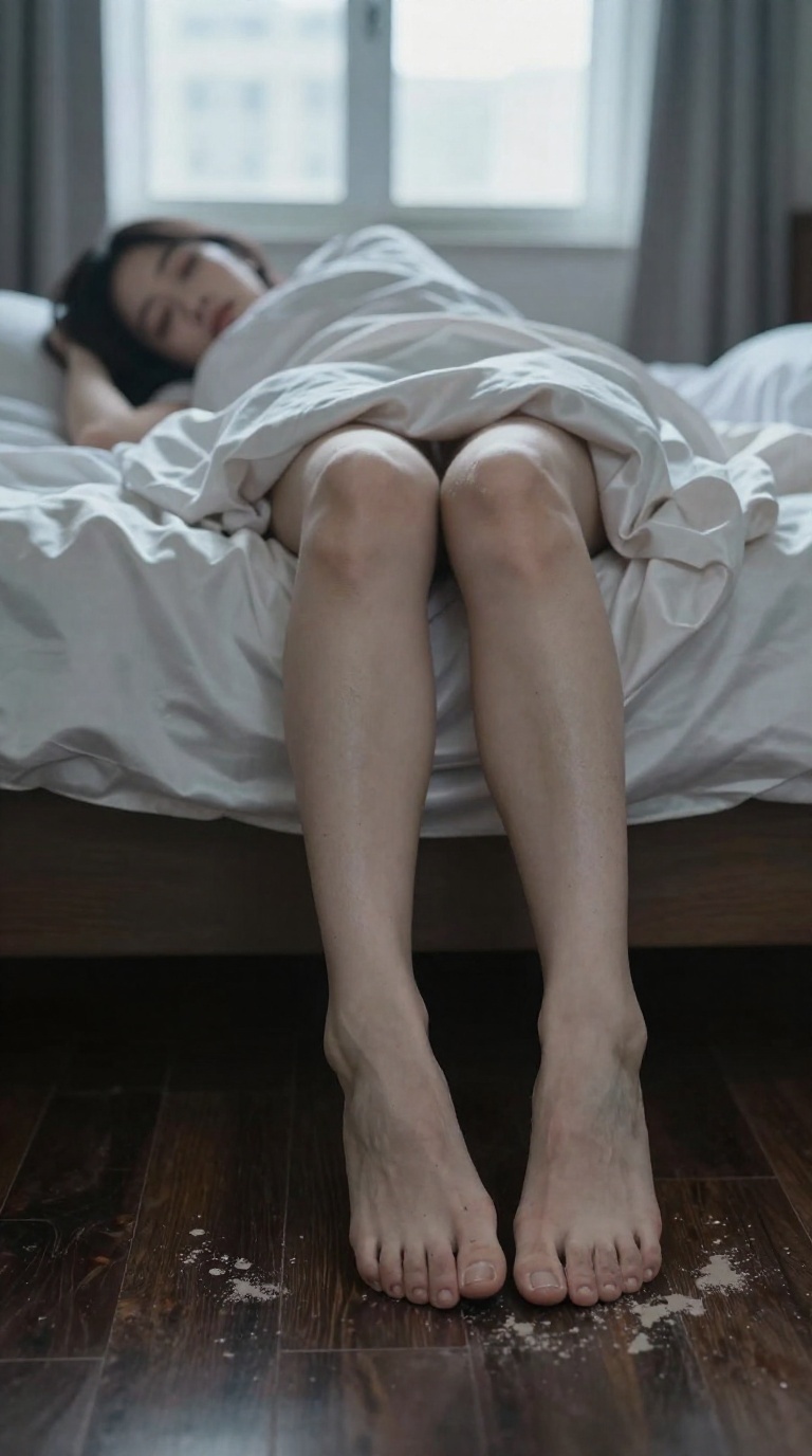 Close-up of elegant feminine feet with natural arches and five toes, resting on messy silk sheets under soft window light.