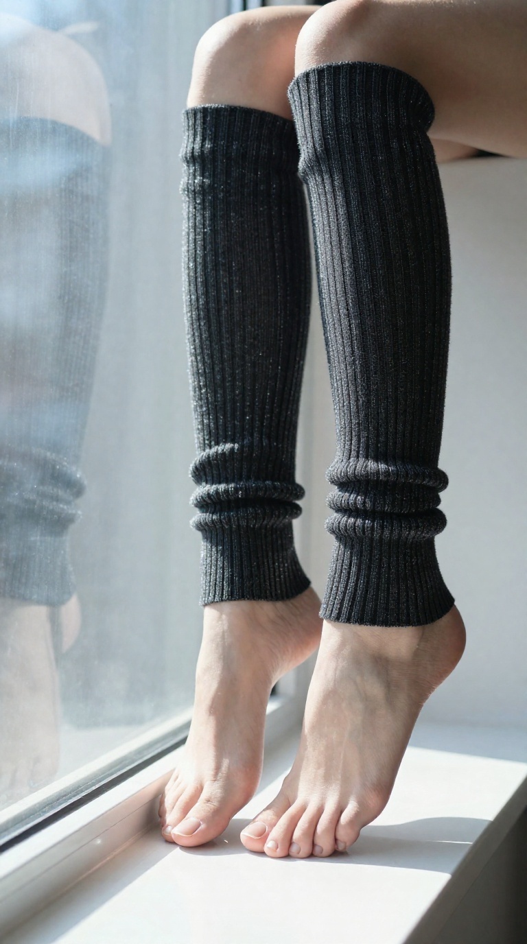 Close-up of elegant female feet with ribbed leg warmers sliding down a tinted glass window in bright sunlight.