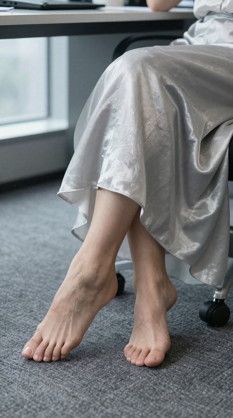 Close-up of elegant feet with arched soles resting on grey carpet near silk sheets and a long linen skirt.