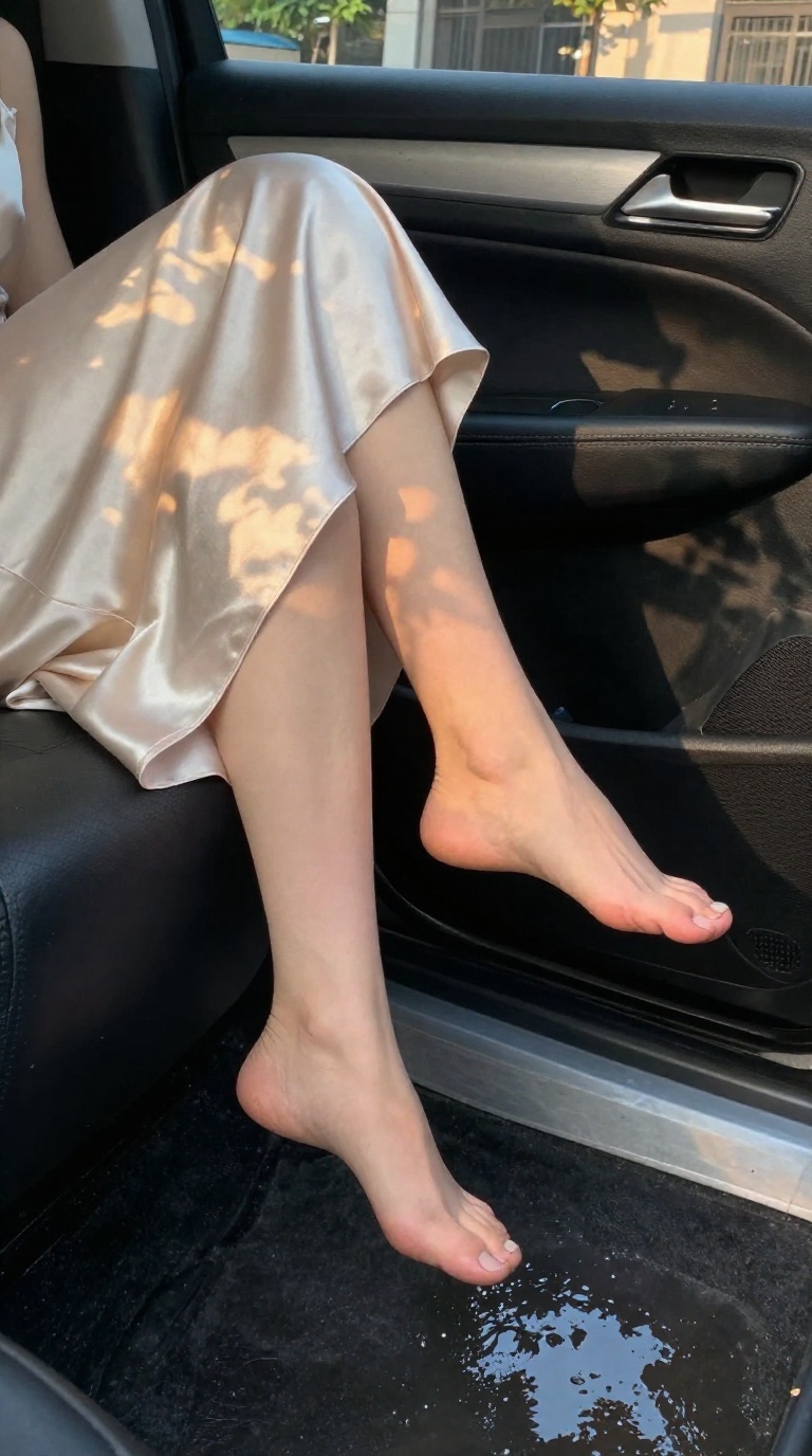 Close up of elegant feet in a satin slip dress with dappled golden hour shadows and soft reflections.