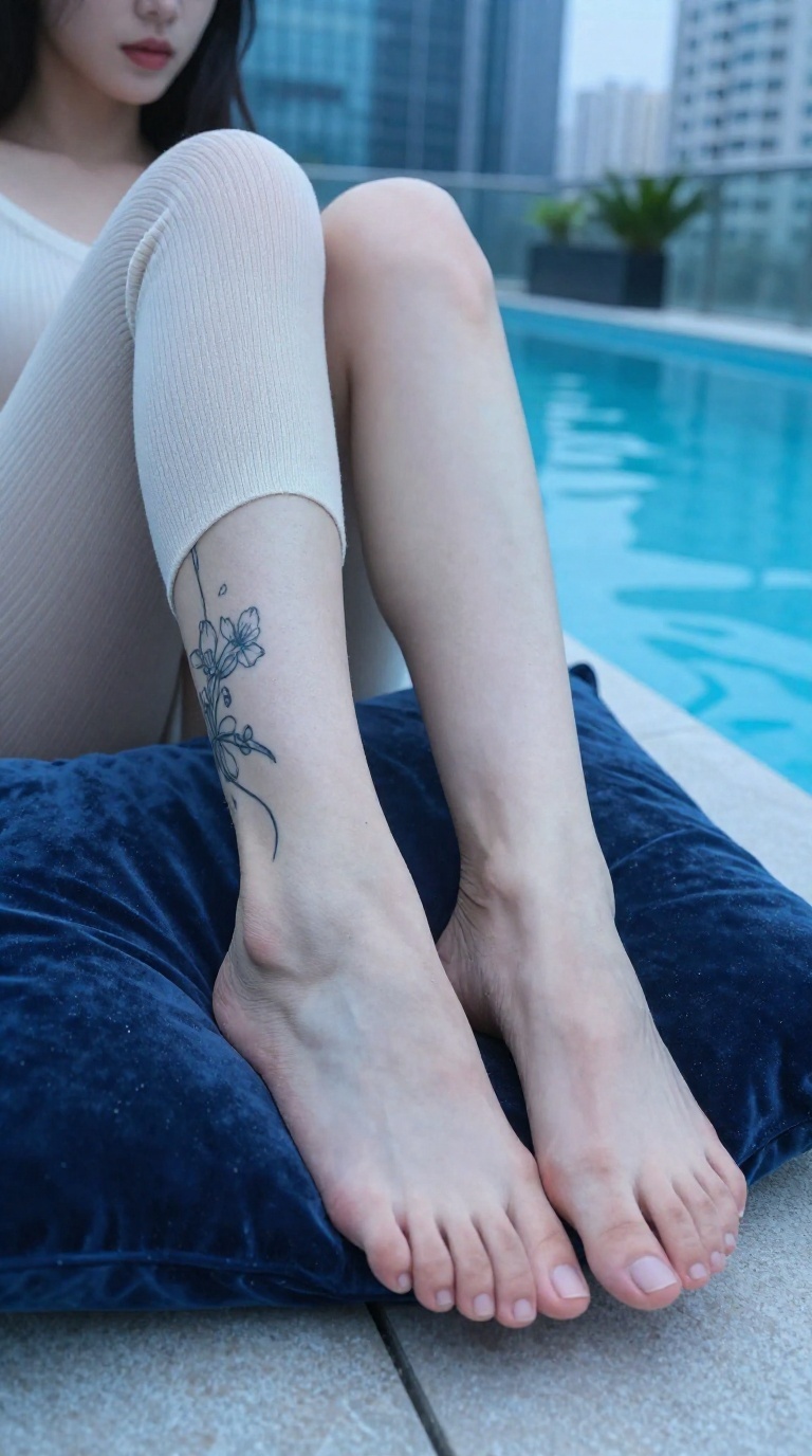 Close-up of elegant bare feet resting on a velvet pillow by a glowing neon poolside.
