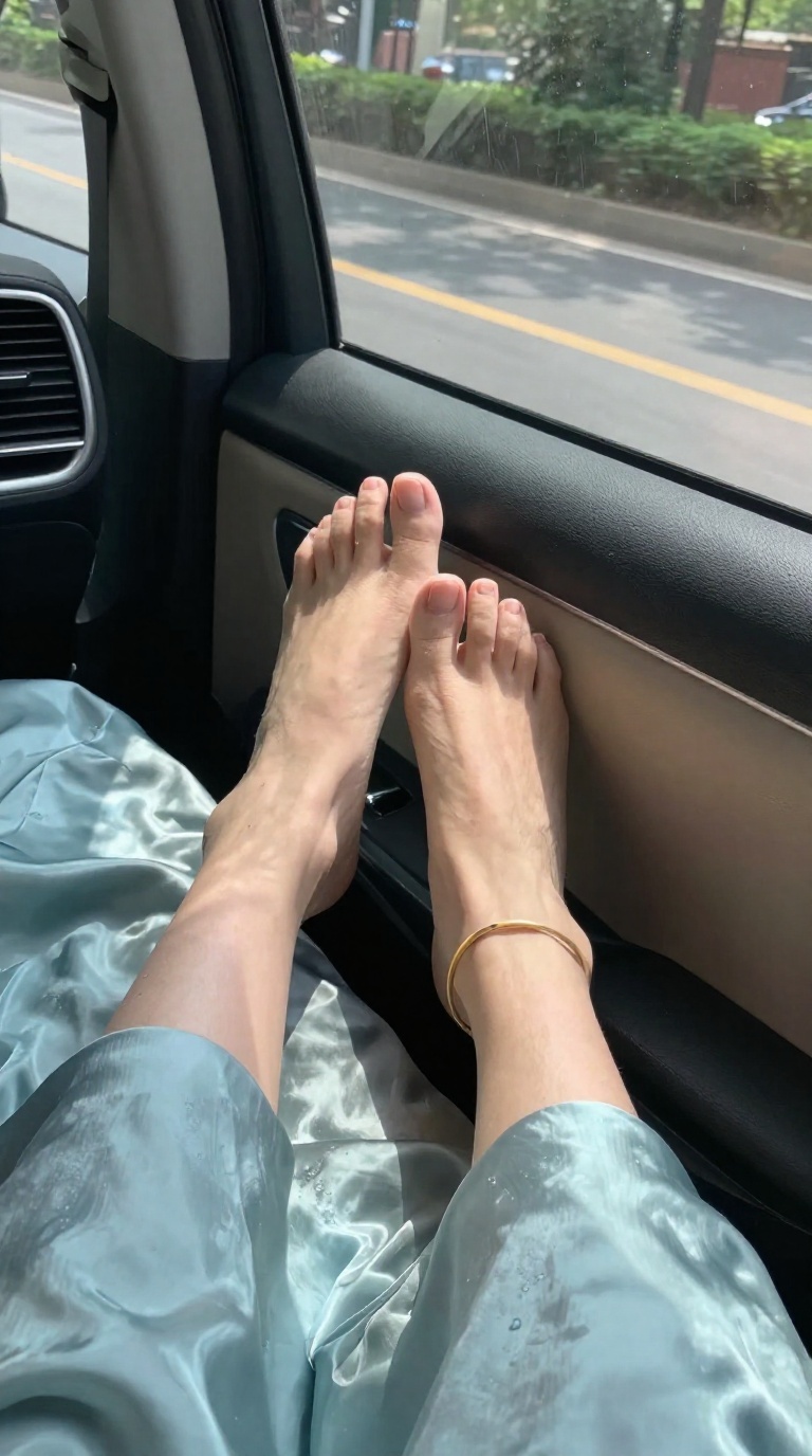Close-up of elegant female feet in seafoam silk sheets, featuring natural sole textures and a minimalist ankle bracelet.